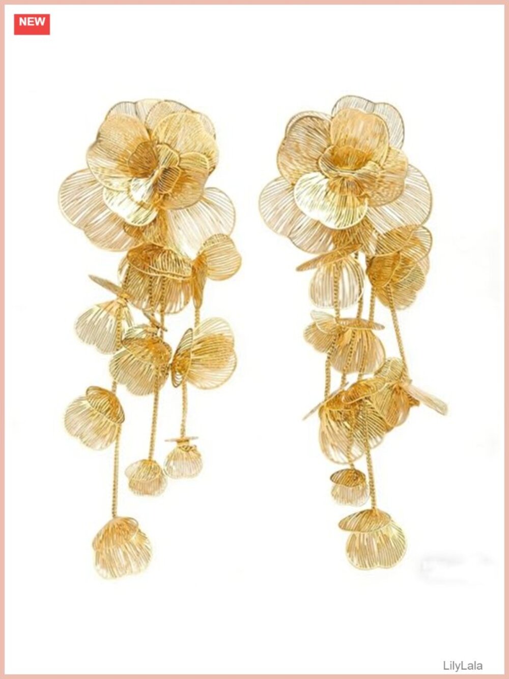 Gold-Tone Filigree Floral Dangle Earrings Long Drop Chandelier Statement